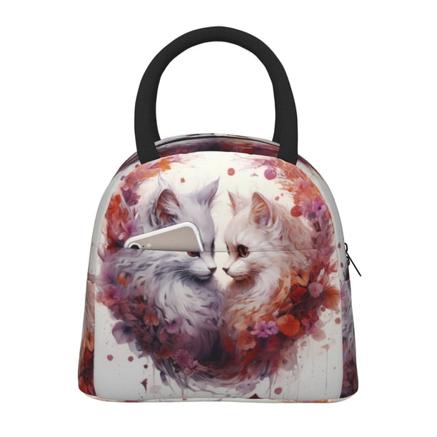 Balery White Red Cat Couple Bolsa de Almuerzo para Mujeres, Caja de Almuerzo, Bolsa de Almuerzo Pequeña Impermeable, Tote de Almuerzo Reutilizable con Gran Capacidad
