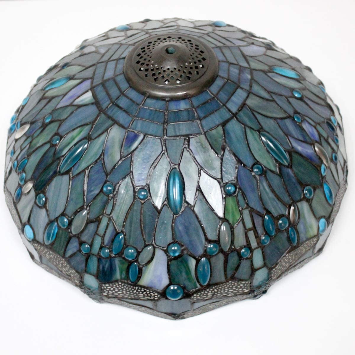 Tiffany Ceiling Light Fixture Semi Flush Mount 16" Sea Blue Stained Glass Dragonfly Shade Close to Dome Island Boho Hanging Lamp Decor Bedroom Kitchen Dining Living Room Entry Foyer Hallway WERFACTORY