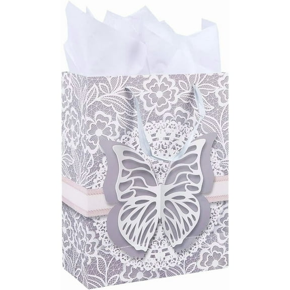 9.8 x 12.6 Inch Butterfly Birthday Party Bags Animal Paper Gift Bags with Tissue Handle White Printed Insect Wrapping Rectangle Storage Paper Set