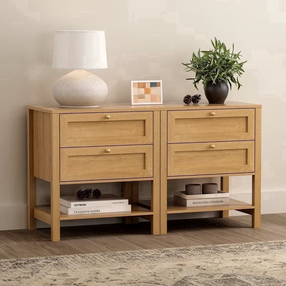 EYYTHUNG Modern Nightstand with Drawers Set of 2, Farmhouse Wood Bedside Table with Open Shelf, Large End Table, Natural Oak