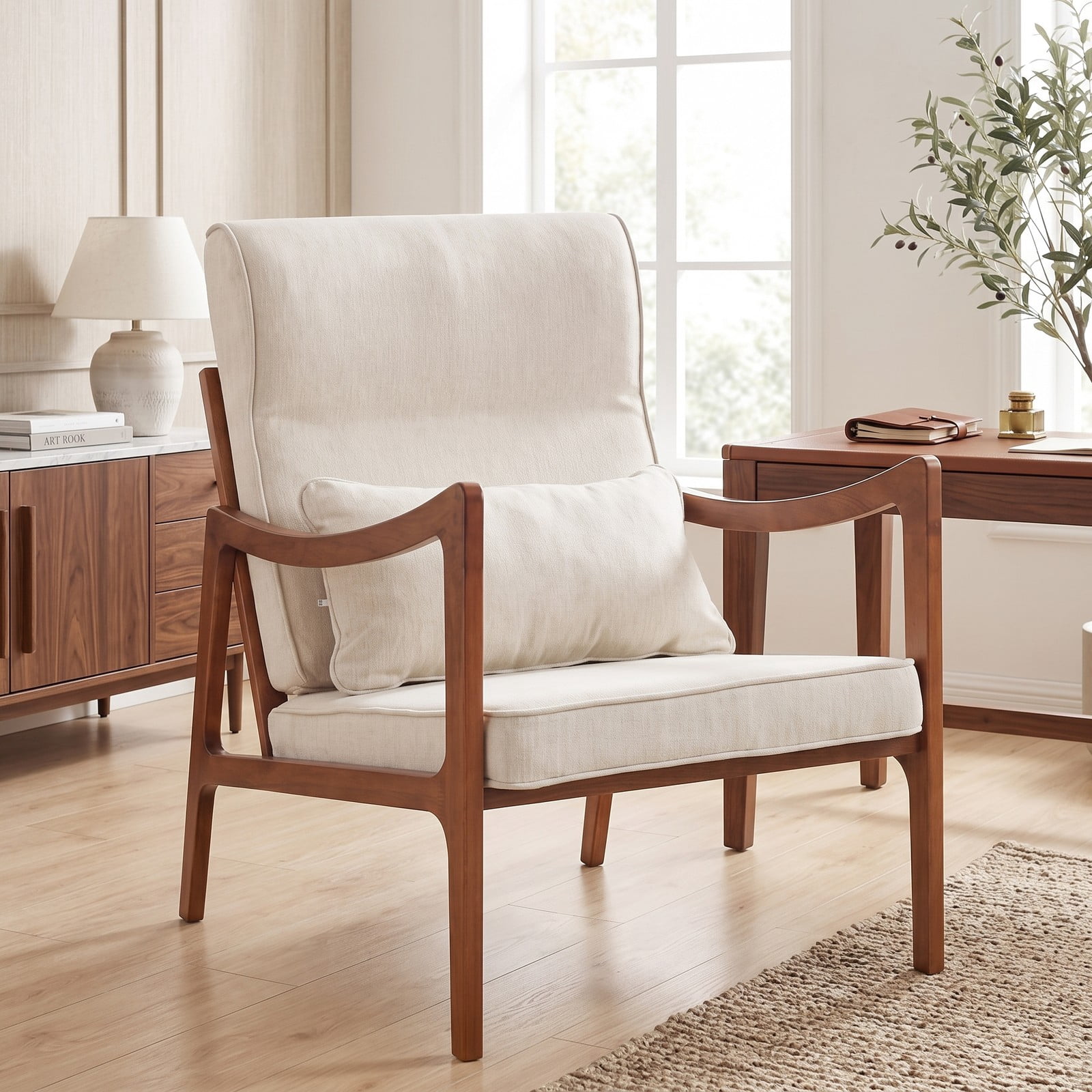 Furnibear Modern Accent Chair, Rubber Wood Faux Leather Upholstered Armchair with Removable Back Cushion, Lumbar Pillow & Padded Seat, Living Room Reading Side, White