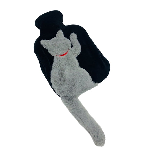 Kearding Botella de agua caliente con cubierta de gato de felpa, amplia gama 3D de aplicaciones, botella de agua caliente con cubierta de gato Suministros térmicos gris