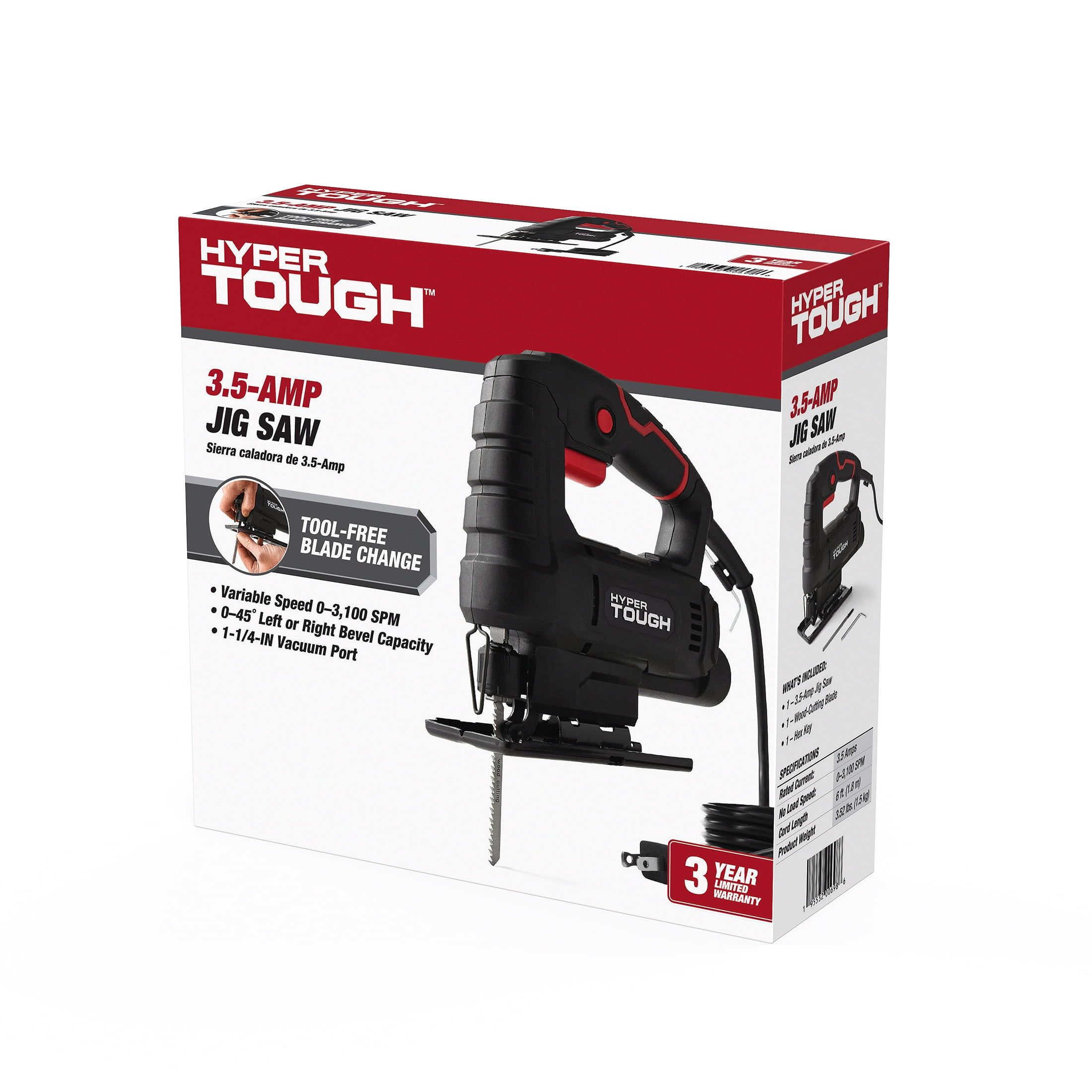 Hyper Tough 3.5-Amp Corded Jig Saw, Corded, 120 Volt, Model Number 44002, for Wood-Cutting