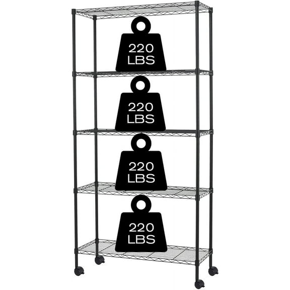 5-Tier Shelving Unit Storage Shelves with Wheels Heavy Duty Metal Rack NSF Height Adjustable for Laundry Bathroom Kitchen Garage Pantry Organization -60inx30inx14in(Black)