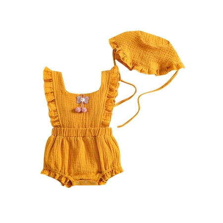 

Suanret 2Pcs Toddler Infant Baby Girls Summer Outfit Sets Solid Color Ruffle Sleeve Bobbles Romper + Ruffle Hat Yellow 18-24 Months