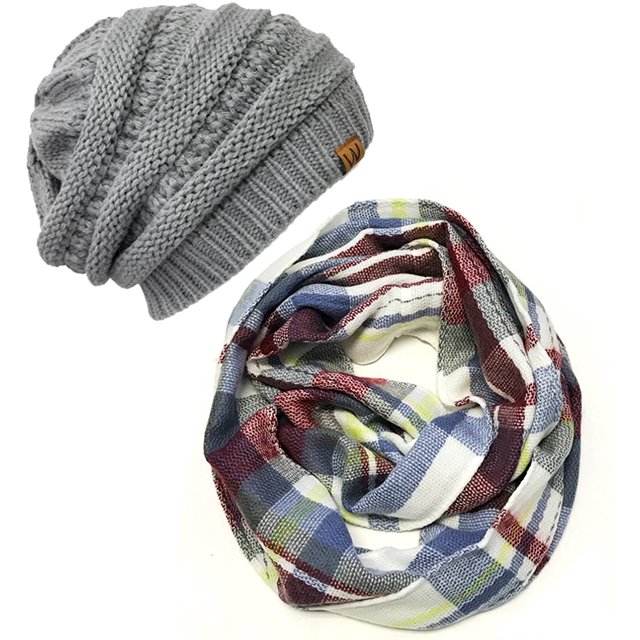 Winter Warm Knitted Infinity Scarf and Beanie Hat Set