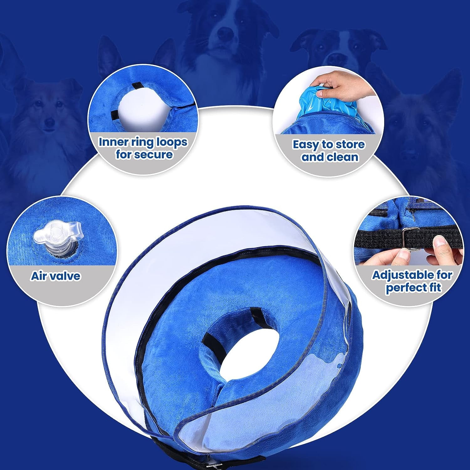 Xkiss Dog Cone, Inflatable Dog Cone After Surgery for Small Medium Large Dogs, Soft Cones with Enhanced Anti-Licking Guard Shield for Pets, Protective Dog Donut Collar-Blue
