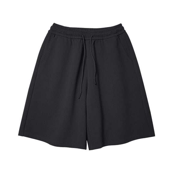 Mens Knitted Ribbed Casual Shorts Drawstring Elastic Waist Solid Color Pockets Short Pants Fathers Gift