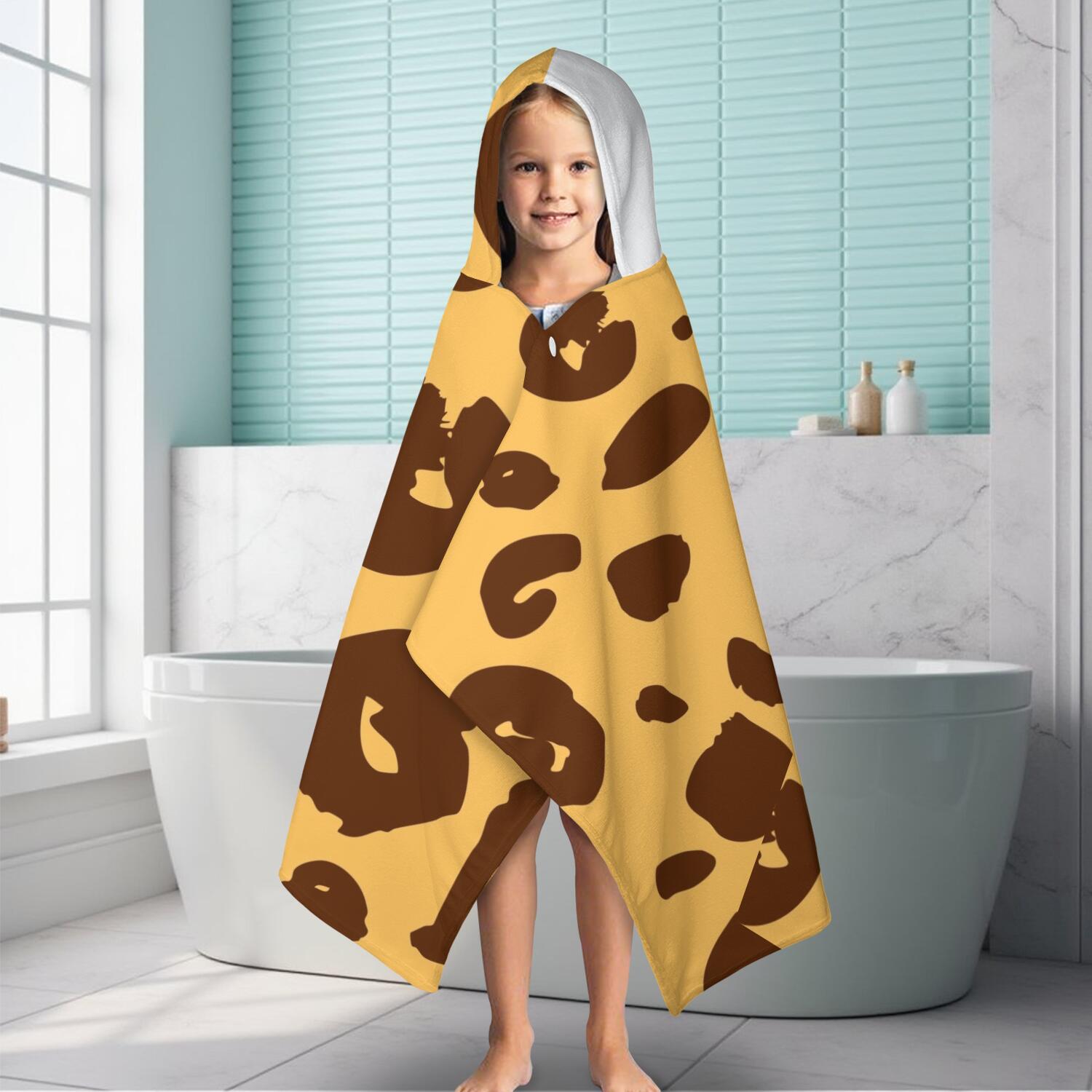 Yellow and Brown Of Leopard Print Hooded Bath Towel，60"x35" for Ages 3 To 12 Kids, Quick Dry Lightweight Soft Microfiber Hood Beach Towel Cover Up for Kids