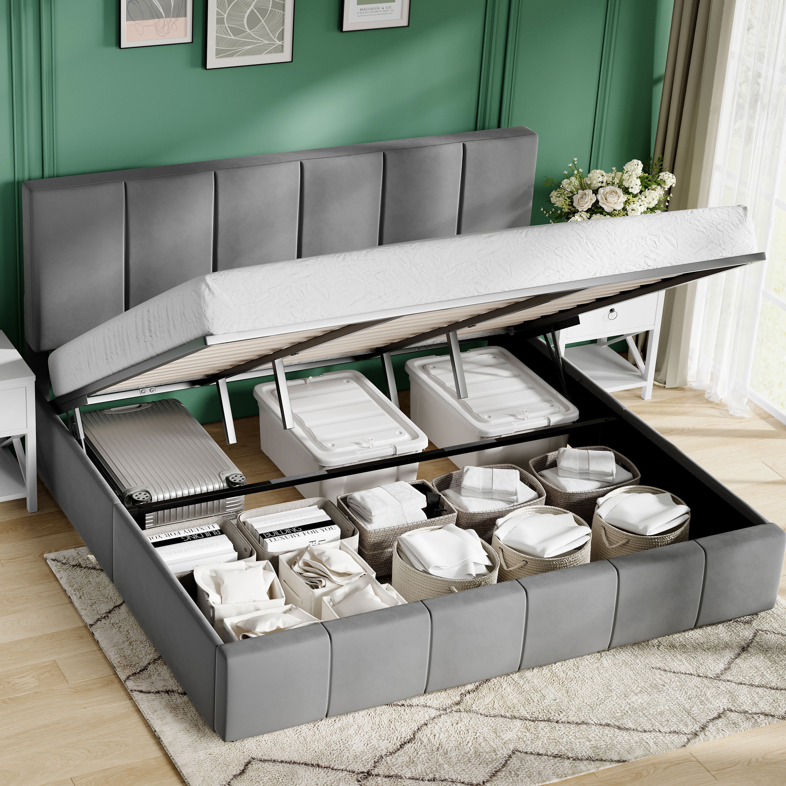 Amolife King Size Lift Up Storage Bed Frame, Velvet Upholstered Platform Bed with Adjustable Headboard, No Box Spring Needed, Gray