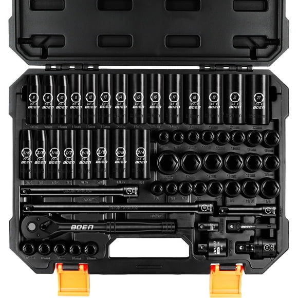 BOEN 3/8" Drive Impact Socket Set, 57-Piece Standard SAE (5/16 to 3/4 inch) and Metric (8-22mm), Include Ratchet Handle, Extension Bar, Universal Joi