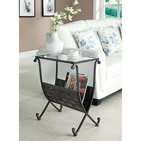 Pineapple Base Table With Glass Top Transitional Black Taupe Tempered Glass Top Magazine End Table with Weaved Metal Basket Base - Includes Modhaus Living Pen ()