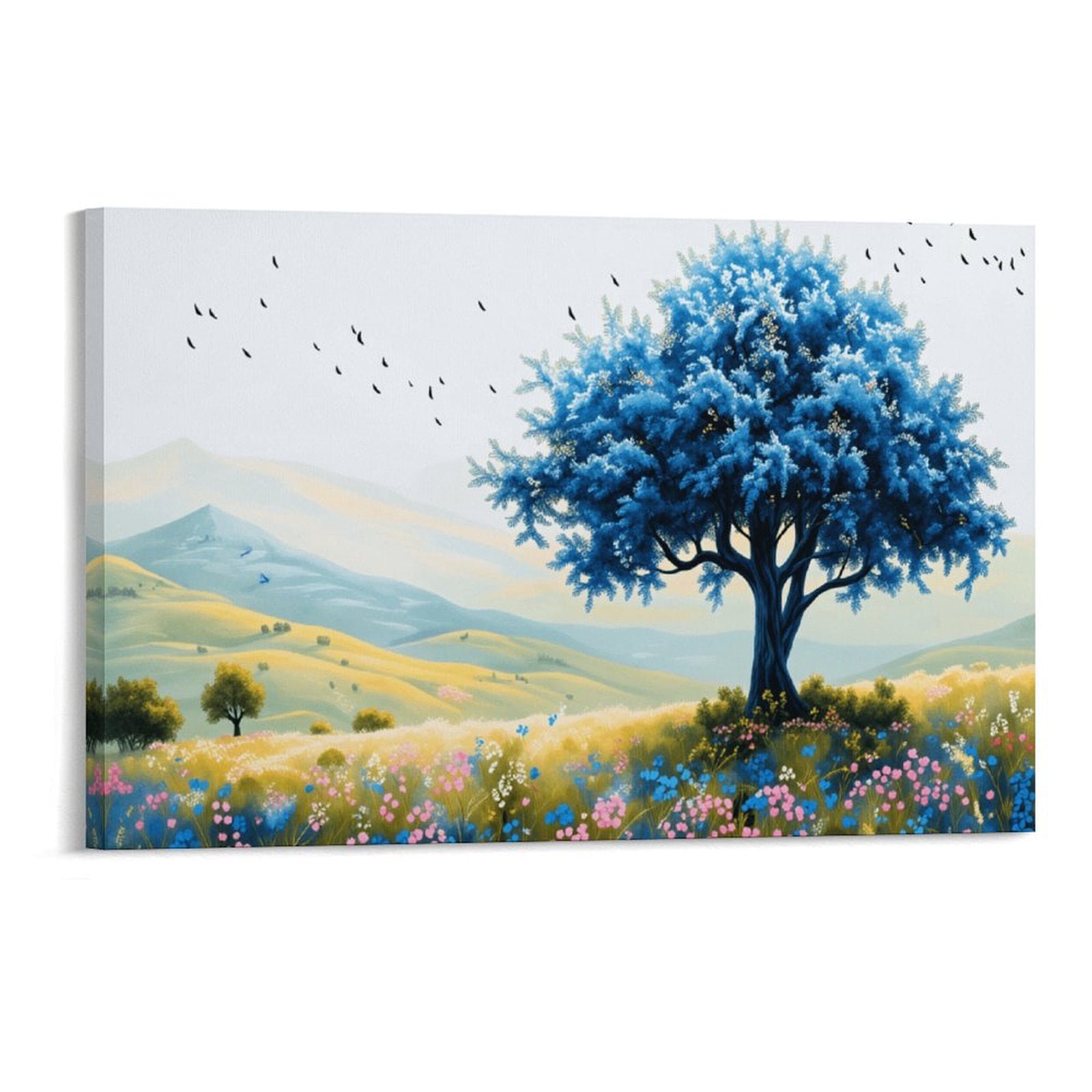 Potopok Wood Framed Decorative Art With Frame Blue Trees Field Scenery Farmhouse Canvas Print Modern Aesthetic Home Decor For Living Room Bedroom Office 24×16