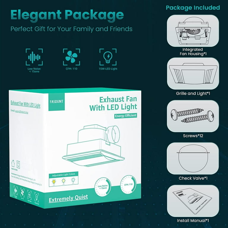 Bathroom Exhaust Fan Ultra Quiet 1.0 Sones Bathroom Ceiling Vent Fan with 3  Adjustable Colors Lights 110 CFM Bath Ventilation Fan with Light Combo,  Fits for Home Bath Office Hotel 105 sq. ft. - Walmart.com