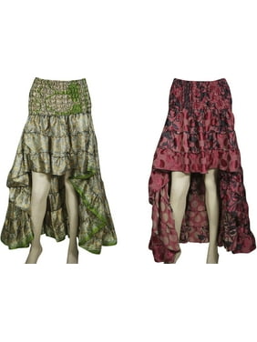 Mogul Womens 2pc Hi Low Skirt Recycled Vintage Sari Gypsy Fashion Long Skirt Ruffle Flirty Flare Summer Skirts S/M