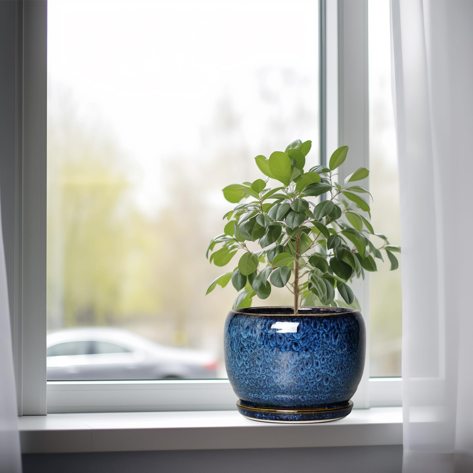 Flower Pots 8 inch, Modern Medium Round Ceramic Planter with Drainage, Gift for Women & Mom, for Orchids & Indoor Plants, Blue Glaze