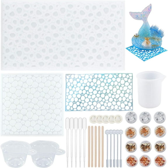 1 set 50pcs Water Ripple Silicone Mold set Water Slice Resin Molds Epoxy Resin Casting Molds with Foil Chips and Resin Tools for Ocean Resin Arts and Jewelry Making
