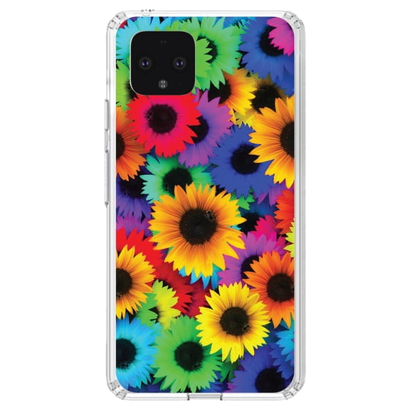 DistinctInk Clear Shockproof Hybrid Case for Google Pixel 4 XL (6.3" Screen) - TPU Bumper, Acrylic Back, Tempered Glass Screen Protector - Red Green Yellow Sunflowers
