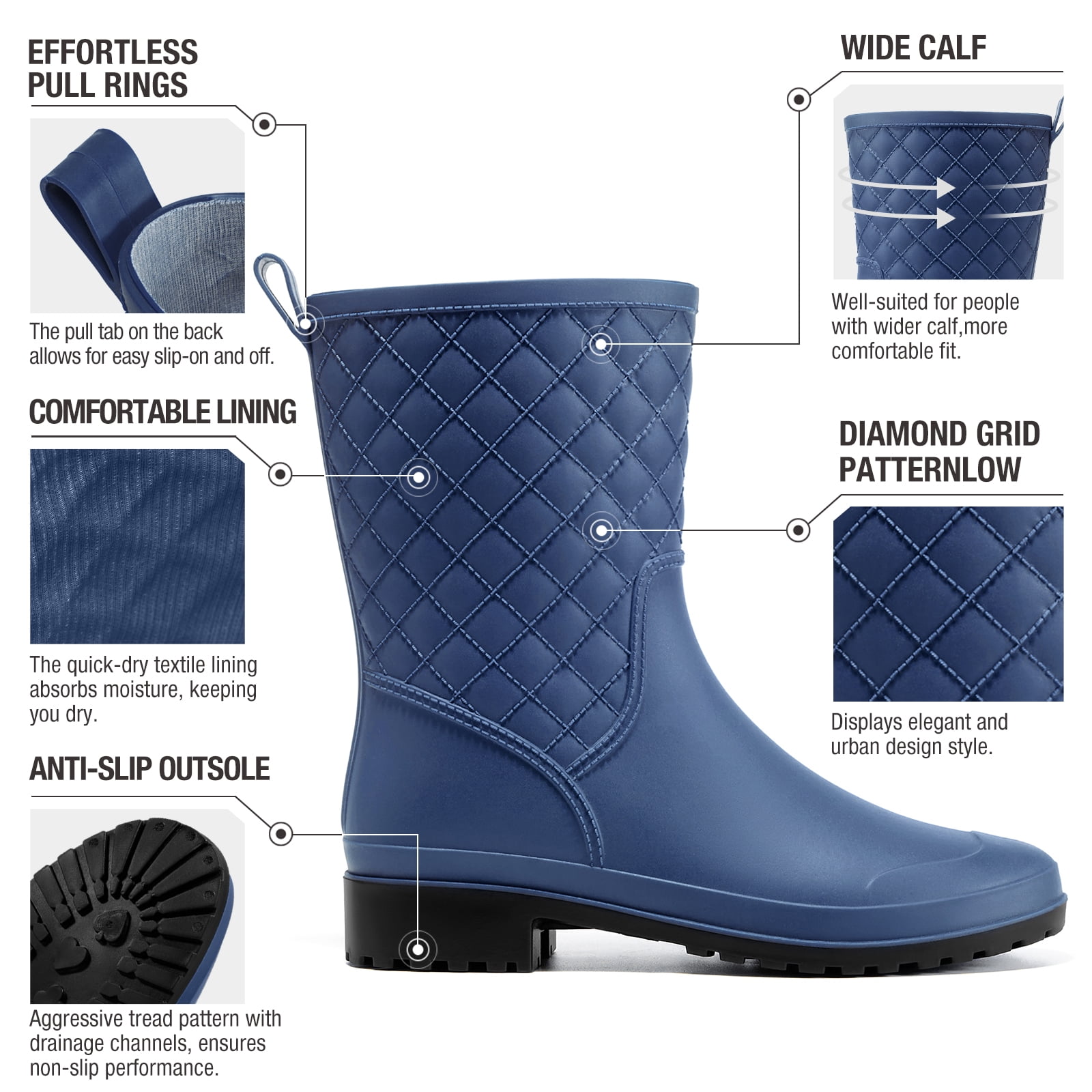 HISEA Women's Waterproof Mid-Calf Rain Boots, Lightweight, Slip-Resistant, Comfortable with Foam Insole,Navy blue,Size 7