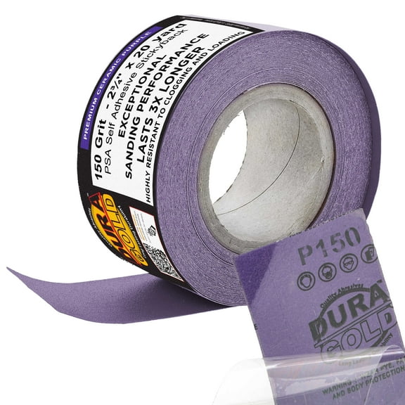 Dura-Gold Premium 150 Grit PSA Purple Film Ceramic Longboard Sandpaper, 2-3/4" Wide Continuous 20 Yard Roll - Self Adhesive Stickyback for Auto & Wood Air File Long Board Sanders