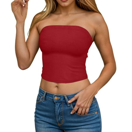 APEXFWDT Women s Ribbed Tube Top Slim Fitting Strapless Tank Top with Built-In Shelf Bra for Resort Wear & Club Nights Summer Deals   M Red