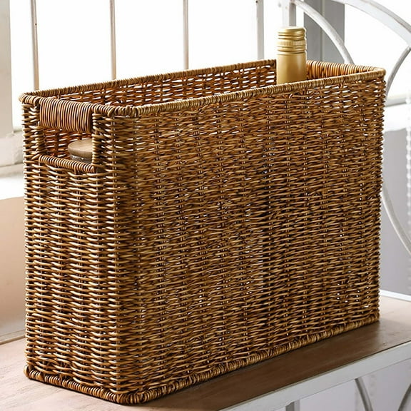 Hand-Woven Rattan Magazine Rack with Handles, LANBB Tall Narrow Basket – Rectangular Storage Basket for Newspapers, Tablets and Computers, Home & Desk Decor, Minimalist  Style (Coffee)