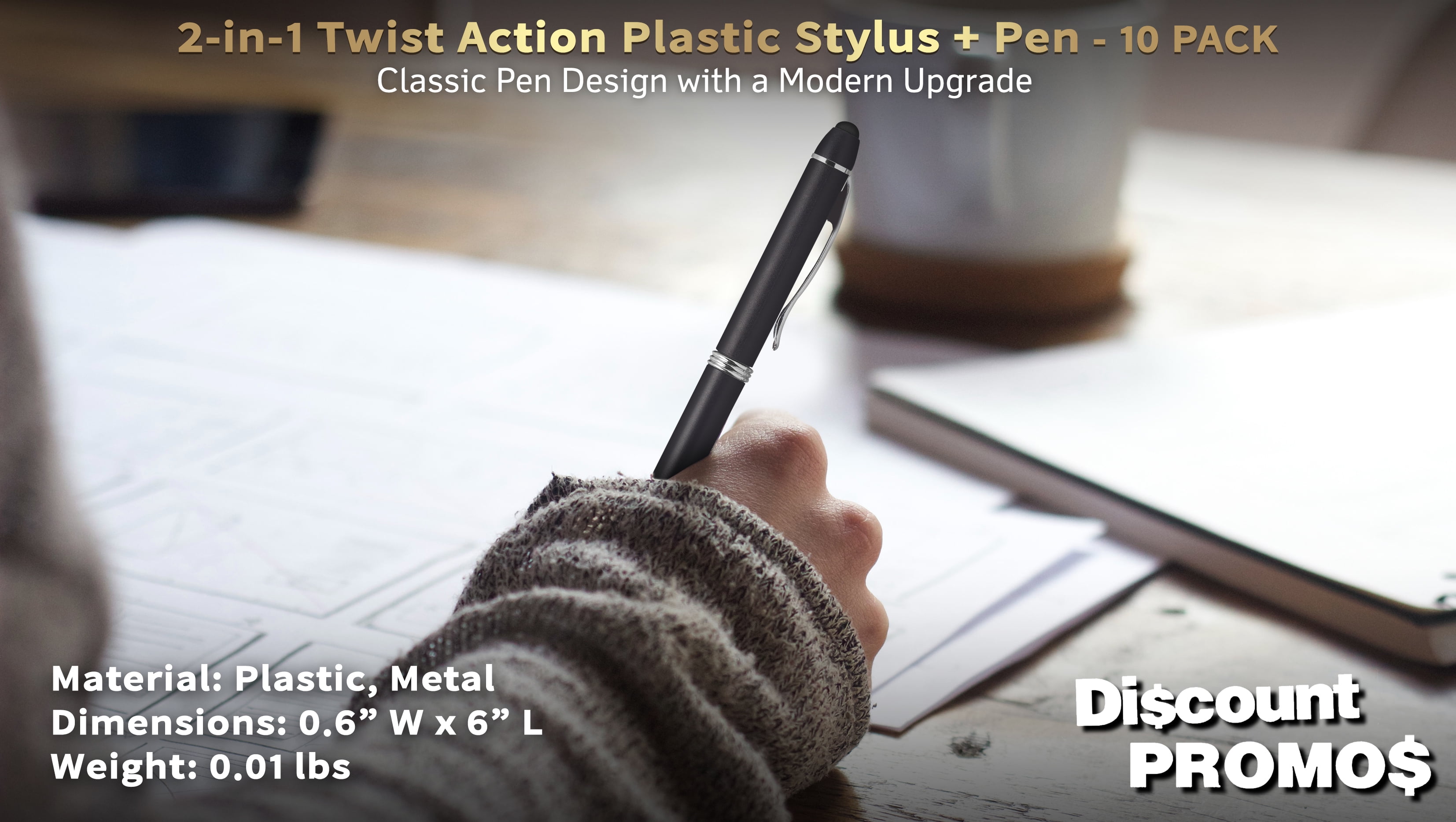 10 Twist Action Plastic Stylus Pens Pack - Metallic Barrel, Black Ink - Black
