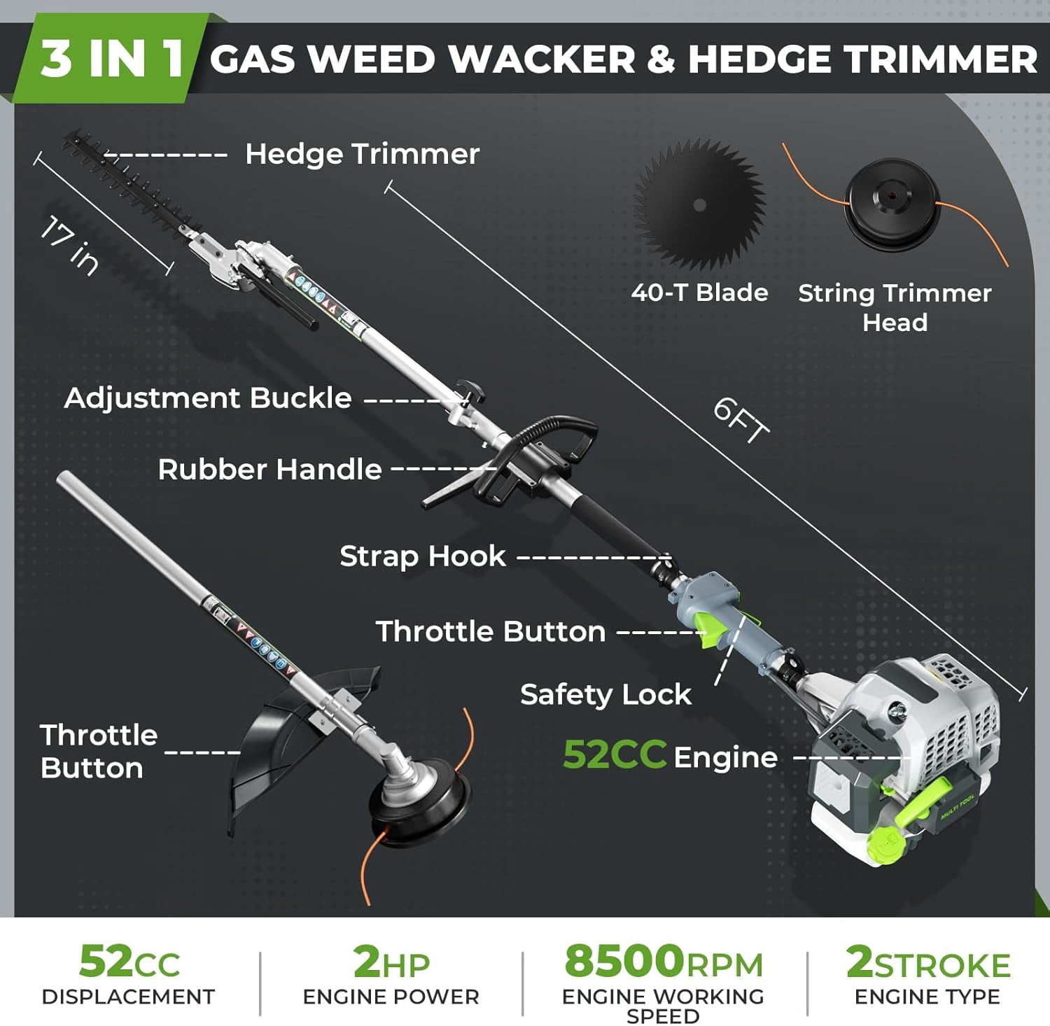52CC 2-Stroke Gasoline-Powered Hedge Trimmer with 17-inch blades, a garden trimming tool for tree pruning and branch cutting.