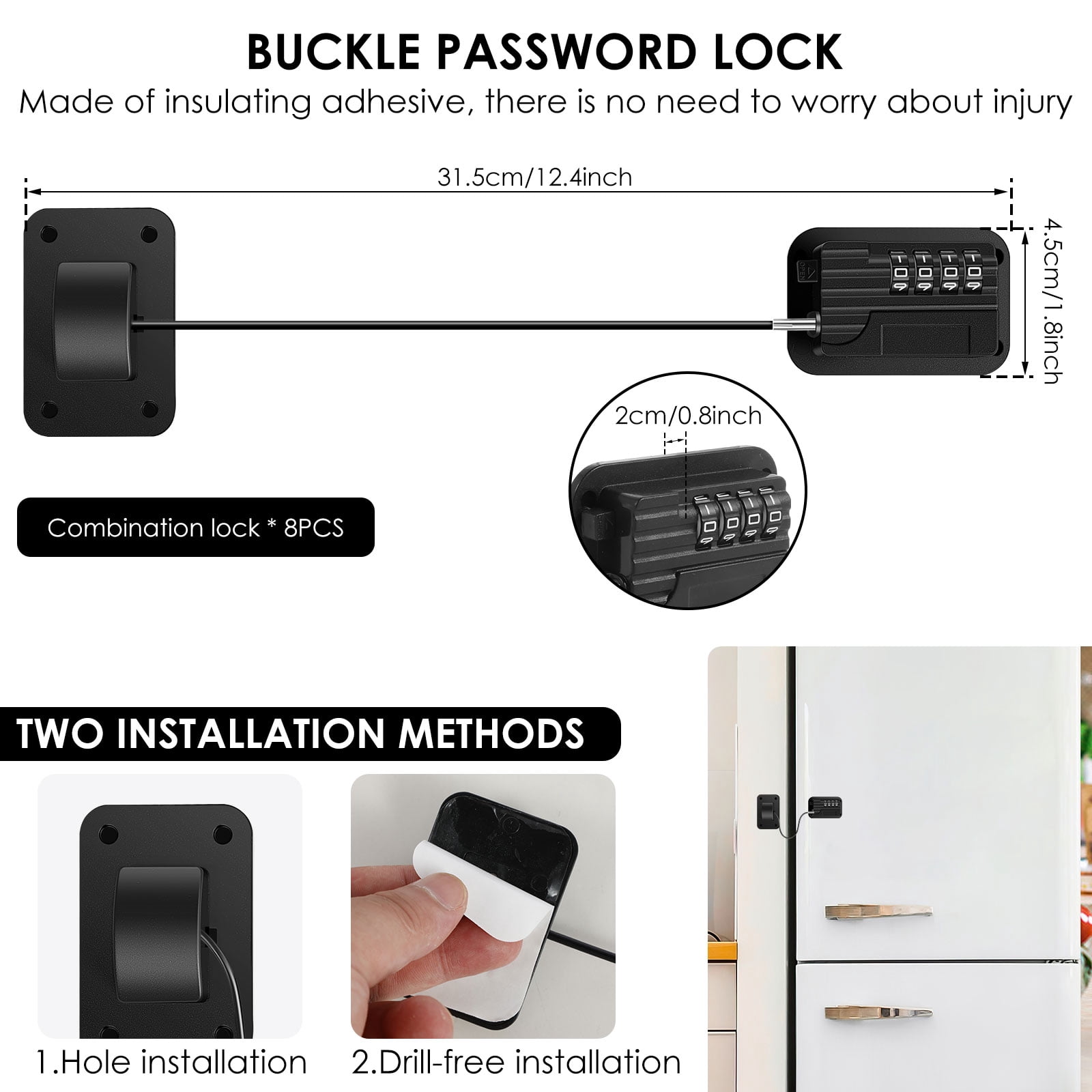 TMWEFUSC 8 PCS 2026 New Upgraded Combination Fridge Lock for Child Safety, Keyless Refrigerator & Freezer & Wardrobe Lock with Code for Kids Black