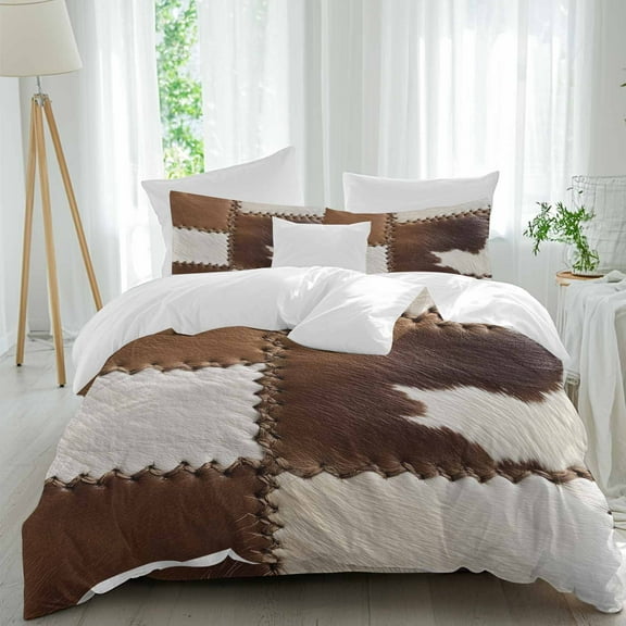 Cow Cowhide Duvet Cover Set Queen Size Abstract Brown Seam Leather Soft Lightweight Comforter Covers 4 Piece Bedding Set with 1 Duvet Cover 1 Bed Sheet & 2 Pillow Shams