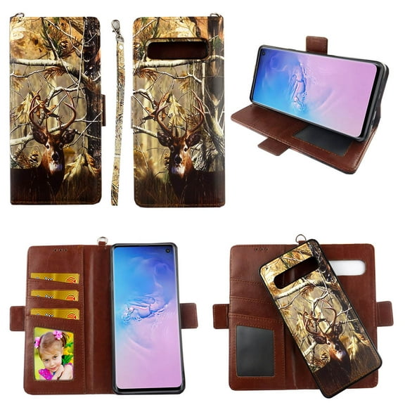 Camo Deer Case for Samsung Galaxy S10 (6.1”) S 10 Magnetic Detachable Pu Leather Wallet Cover Flap Closure and Snap-on Book Style Cases Card Holders Wrist Strap 2 in 1 Folio Flip