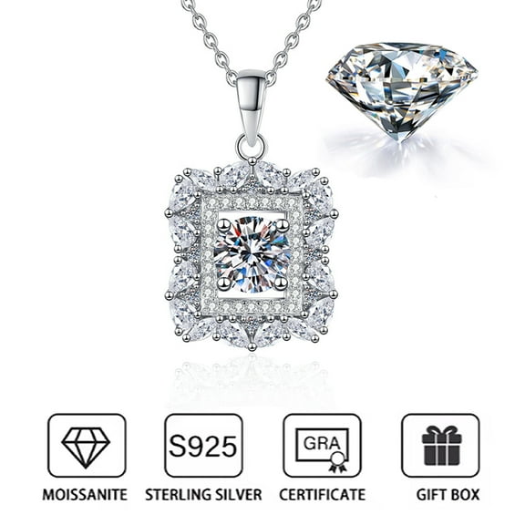 Super Flash 1 Carat Moissanite Diamond Necklaces for Women, 925 Sterling Silver 18K White Gold plated Hypoallergenic Necklaces Pendant Clavicle Chain Jewelry Gifts for Women