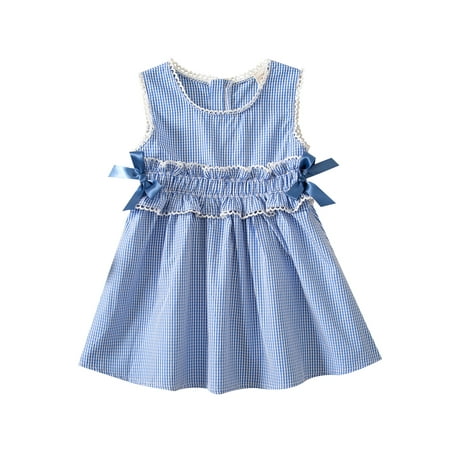 

Afunbaby Baby Girls Summer Casual Dress Plaid Round Neck Sleeveless Bow Princess Dress for Party