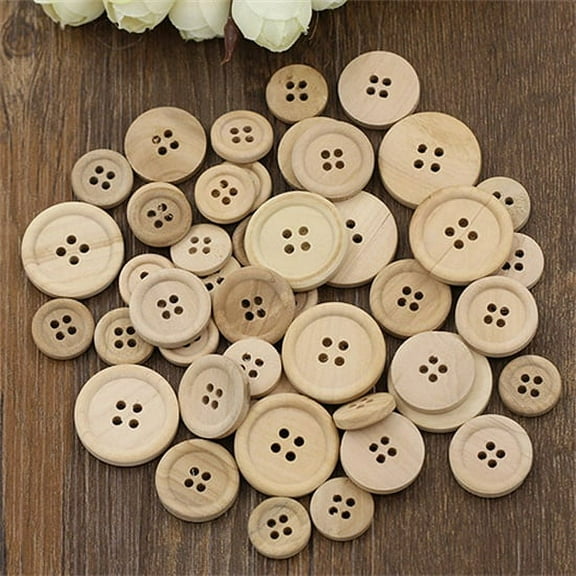Yesbay 50 Pcs Mixed Wooden Buttons Natural Color Round 4-Holes Sewing Scrapbooking DIY