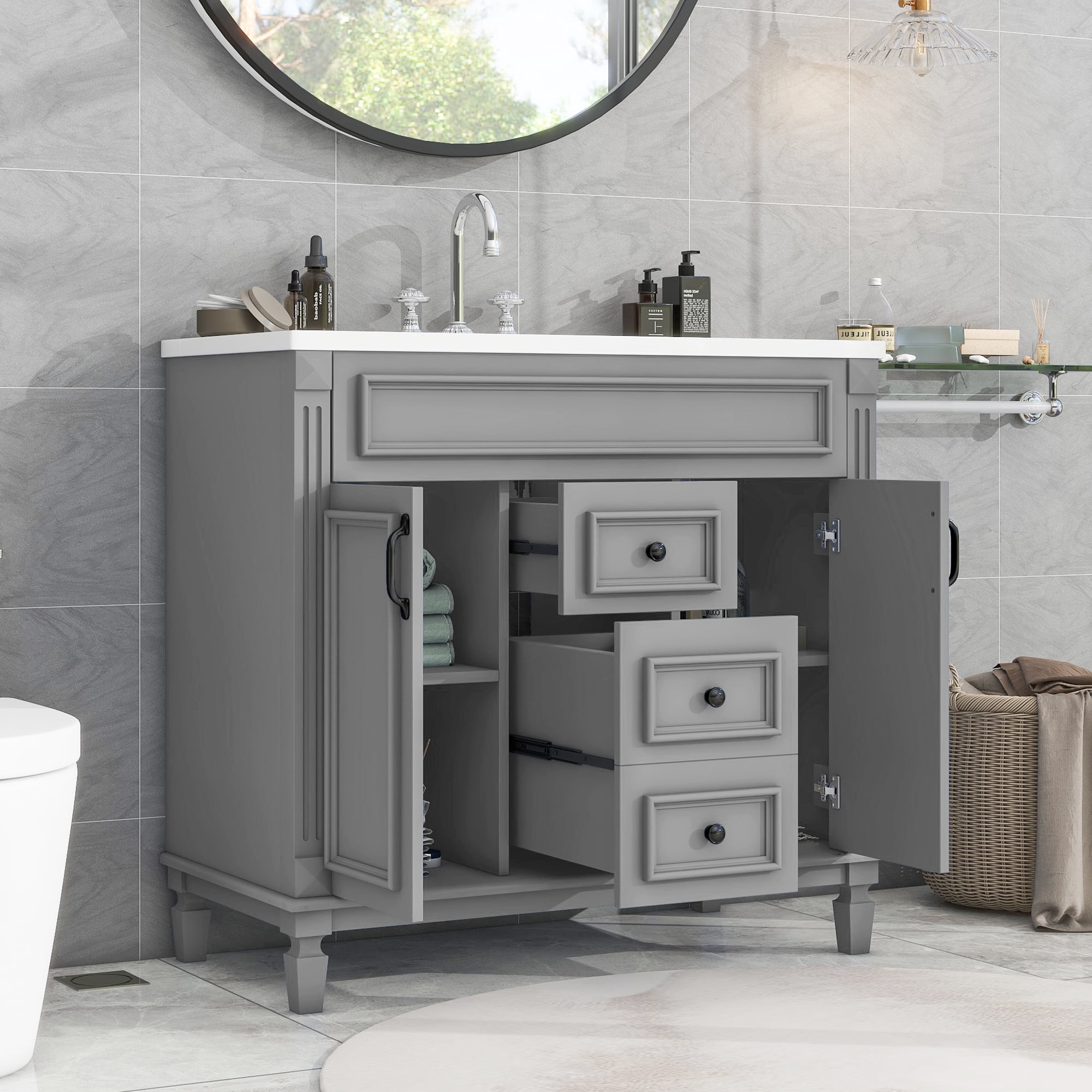 Euroco Modern Bathroom Vanity with Sink – 3-Hole Basin, Concealed Storage, Soft-Close Doors & Drawer – Freestanding Bathroom Cabinet with Water-Resistant Finish, Easy Assembly