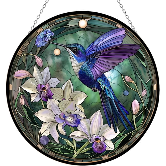 Stained Glass Window Hanging Round Hummingbird Suncatcher, 1 Piece Indoor Decor for Christmas and Gift Giving