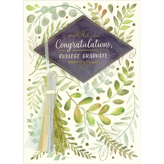 Designer Greetings Die Cut 3D Diamond Shaped Banner, Blue, Gold and Silver Ribbon Tassel, Curving Stems and Leaves Hand Decorated College Graduation Congratulations Card
