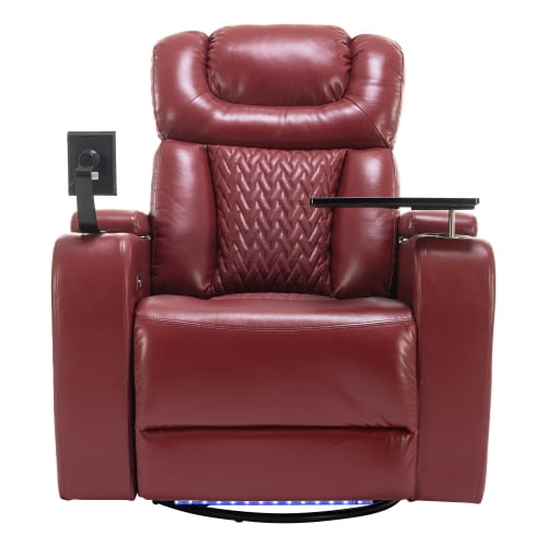 Red Swivel PU Leather Power Recliner Individual Seat Home Theater Recliner with Tray Table, Phone Holder, Cup Holder, USB Port, Hidden Arm Storage for Living Room