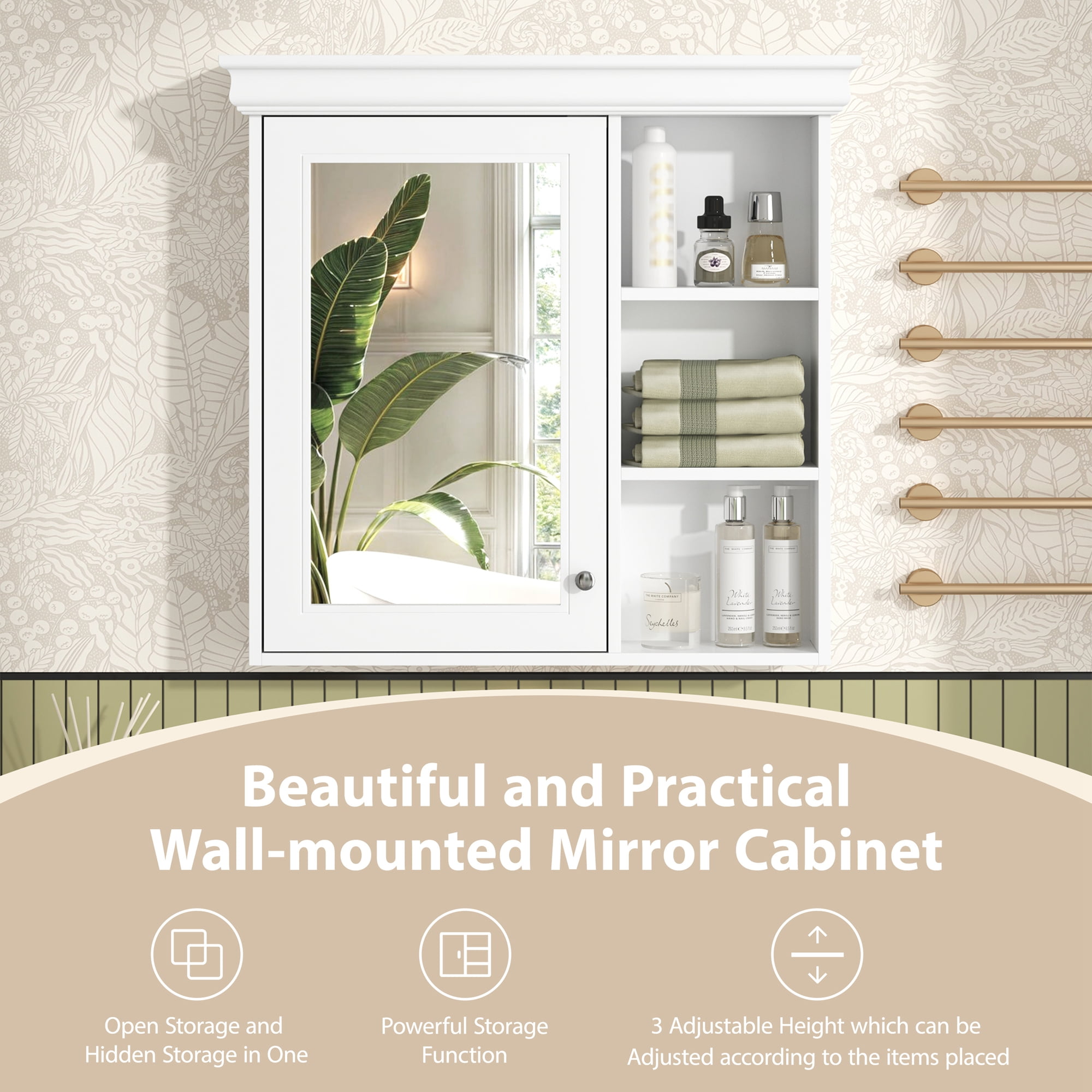 Euroco Wall-Mounted Bathroom Mirror Cabinet with Adjustable Shelf, Soft-Close Hinges, and Storage for Over Toilet or Sink
