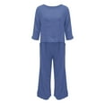 thumbnail image 4 of GILIGEGE Linen Sets for Women 2 Piece Summer Ladies' Casual Summer Solid Color Short Sleeved Cotton and Linen Top Loose Pants Set Wide Leg Pants Tracksuit Lounge Matching Sets Blue L, 4 of 7