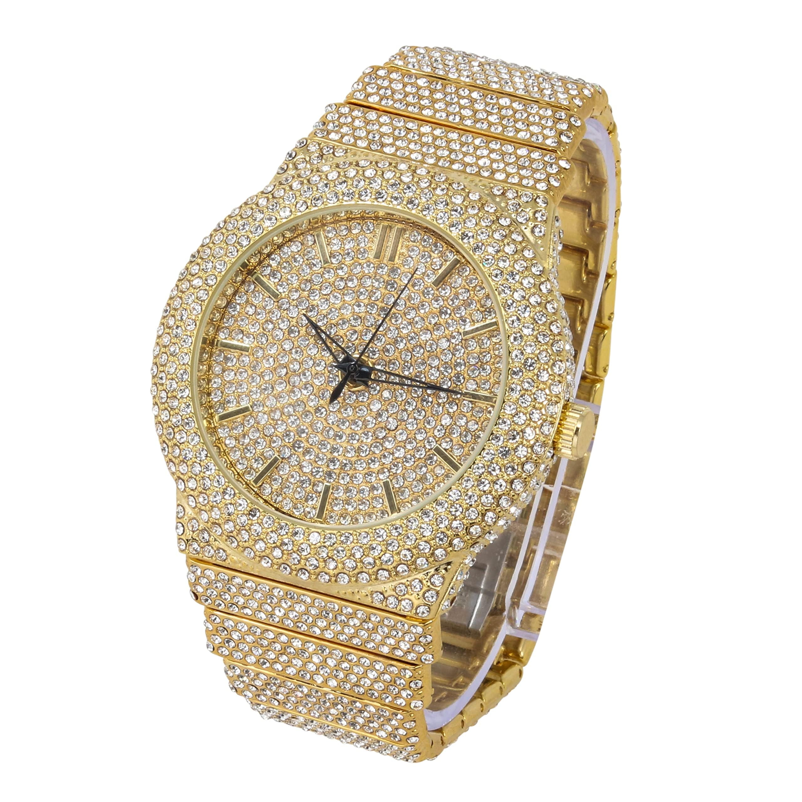 Men s Fully Iced Out Diamond Watch with Adjustable Sizing Bling Dial Luxury Timepiece 14k Gold Finish Walmart