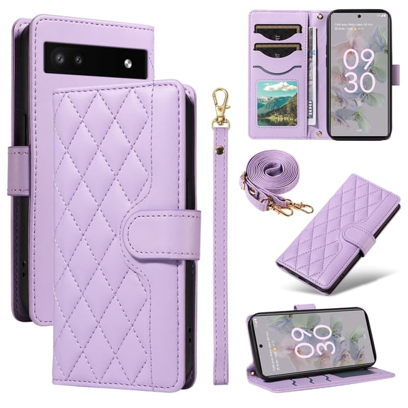 Crossbody Wallet Case for Google Pixel 6A, Credit Card Slots Elegant PU Leather Magnetic Closure Shoulder Strap Purse Phone Case Flip Stand Full Body Protection Cover for Women Girls, Purple