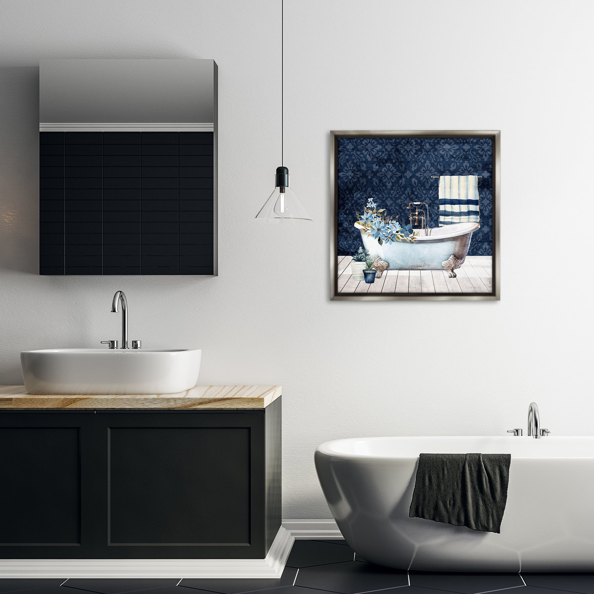 Stupell Industries Blue Damask Bathroom Bath & Laundry Painting Gray Floater Framed Canvas Art Print Wall Art, 25 x 25