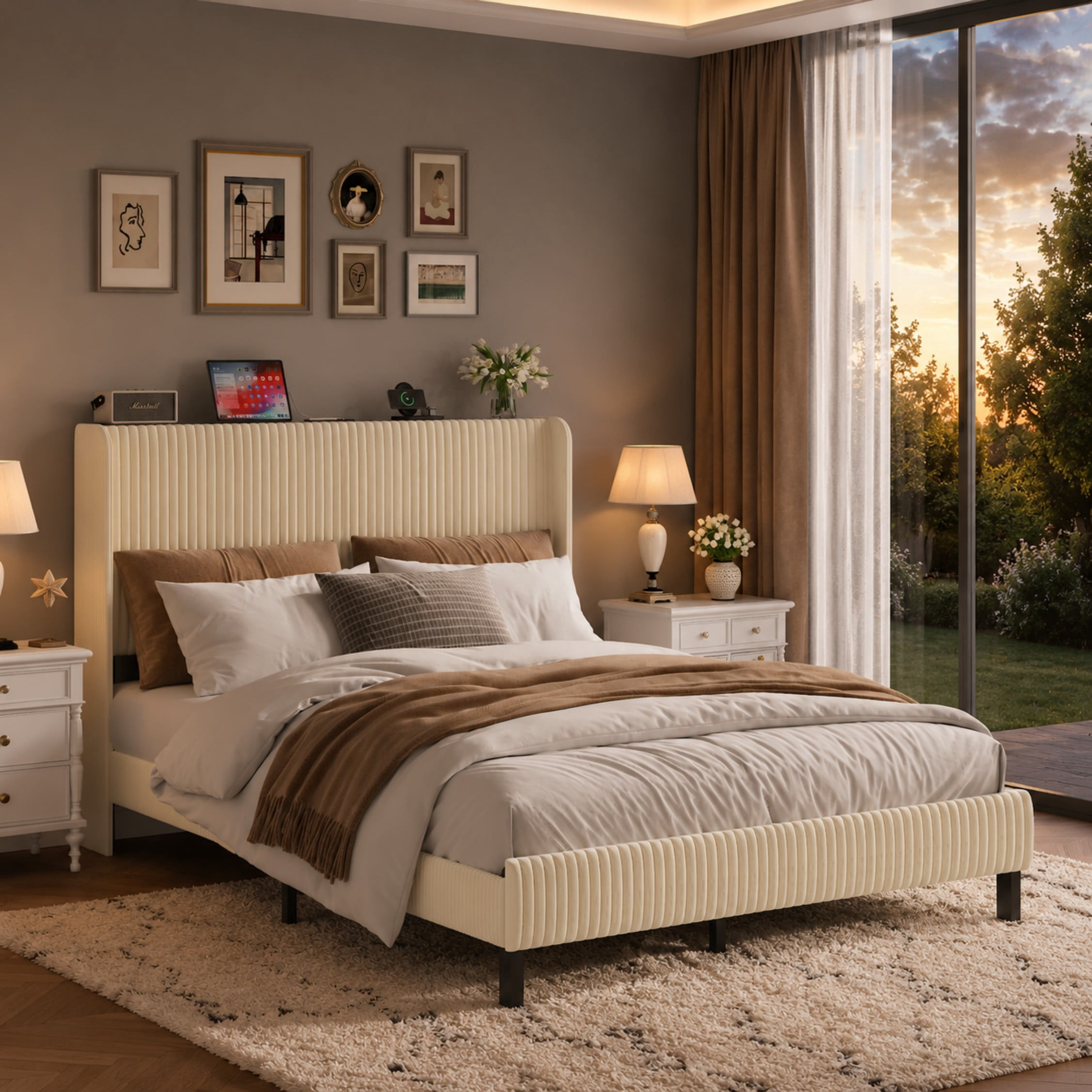 BSHTI Full Size Velvet Upholstered Platform Bed Frame with USB Ports, Beige Metal & Wood Bed Frame with Storage Shelf Headboard, Modern Accent Bedroom Furniture for Bedroom, No Box Spring Needed