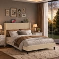 thumbnail image 2 of BSHTI Full Size Velvet Upholstered Platform Bed Frame with USB Ports, Beige Metal & Wood Bed Frame with Storage Shelf Headboard, Modern Accent Bedroom Furniture for Bedroom, No Box Spring Needed, 2 of 10