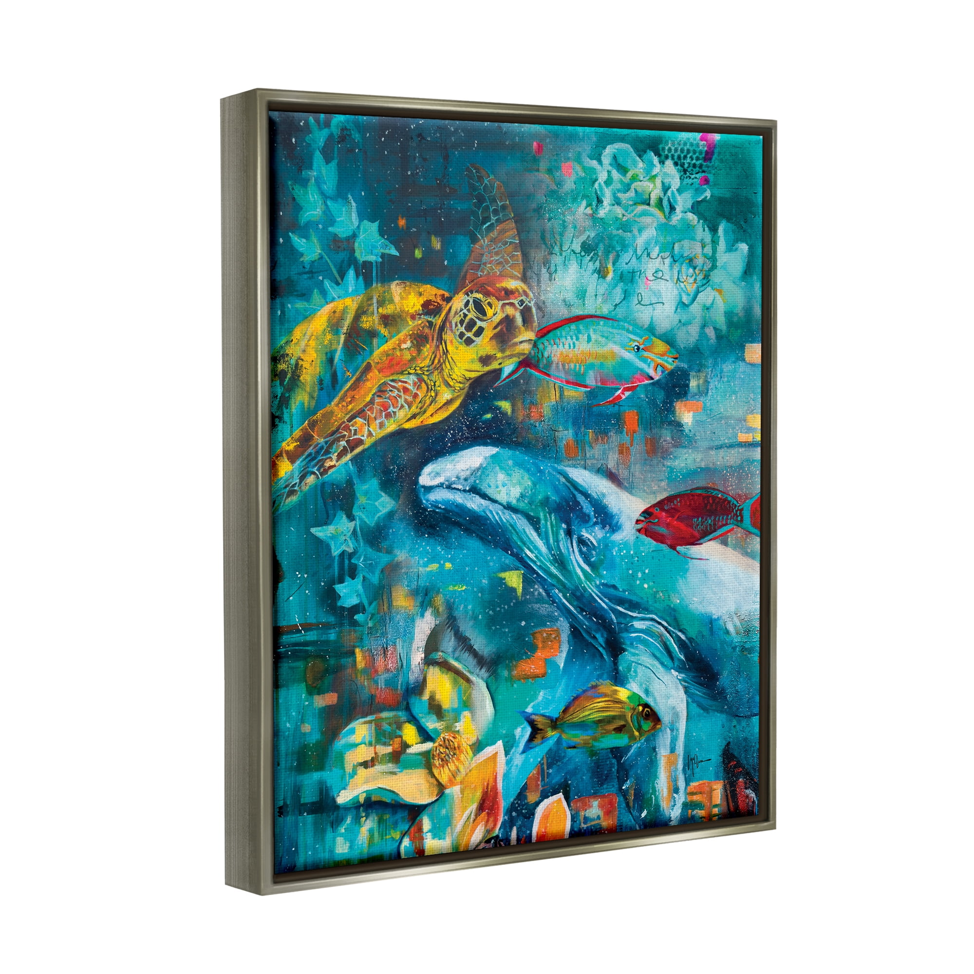 Stupell Industries Abstract Underwater Creatures Animals & Insects Painting Gray Floater Framed Canvas Art Print Wall Art, 17 x 21