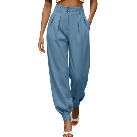 hoksml Women's High Waisted Jogger Pants Double Button Pleated Front Cuffed Trousers with Pockets for Casual Work