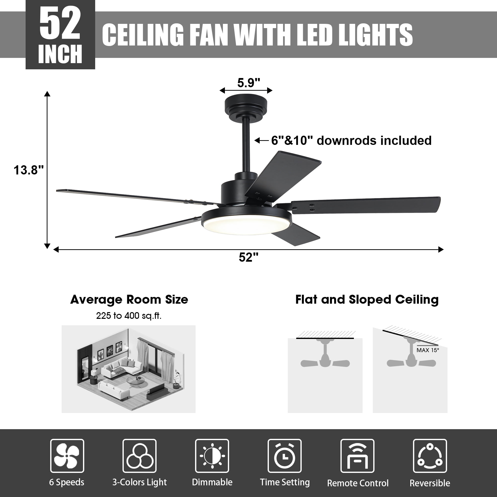 52" Modern Black DC Motor Smart Ceiling Fan with Integrated Light and Remote Control