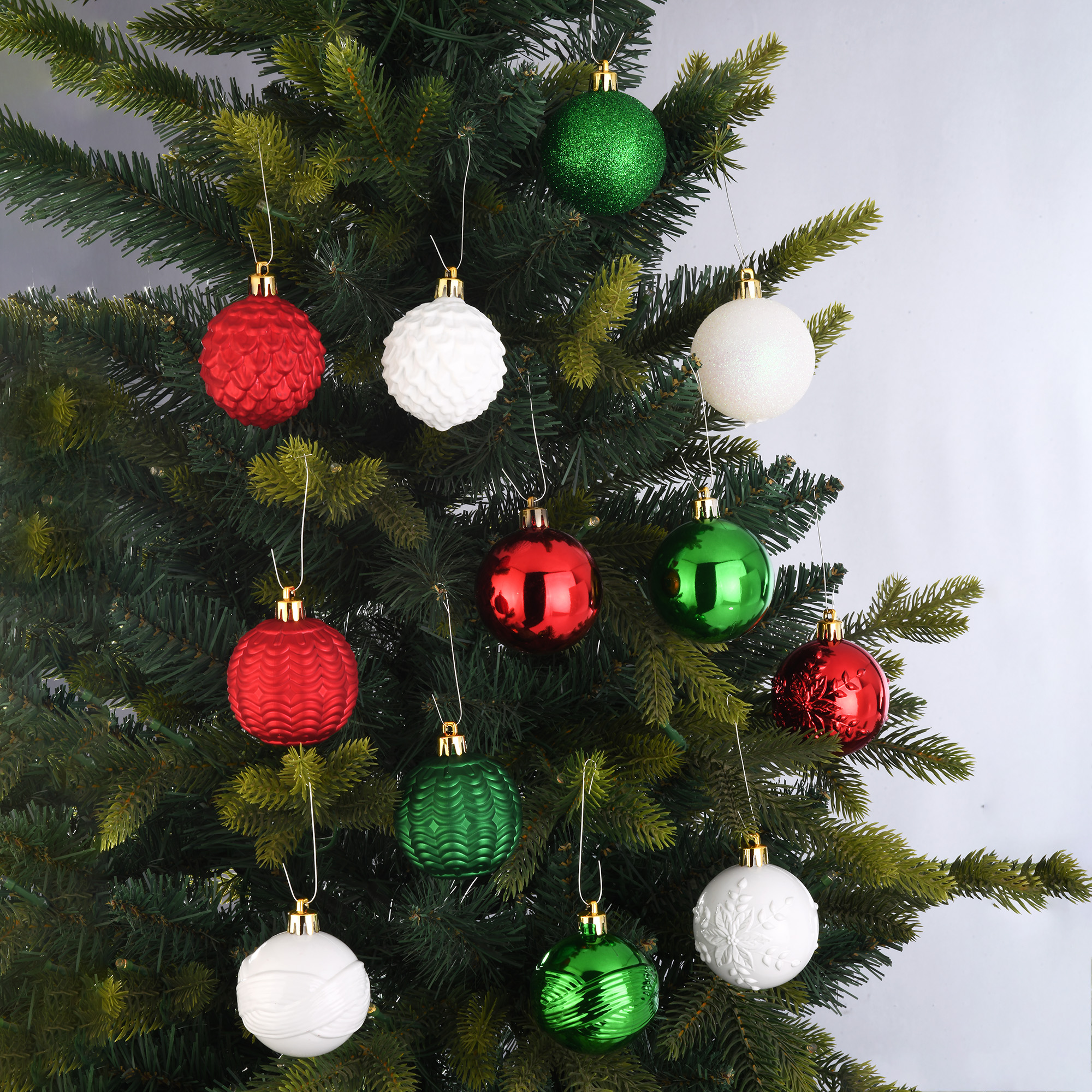 24-Count Red, Green, and White Shatterproof Multi-Textured Christmas Ornaments, 2.36 in, by Holiday Time