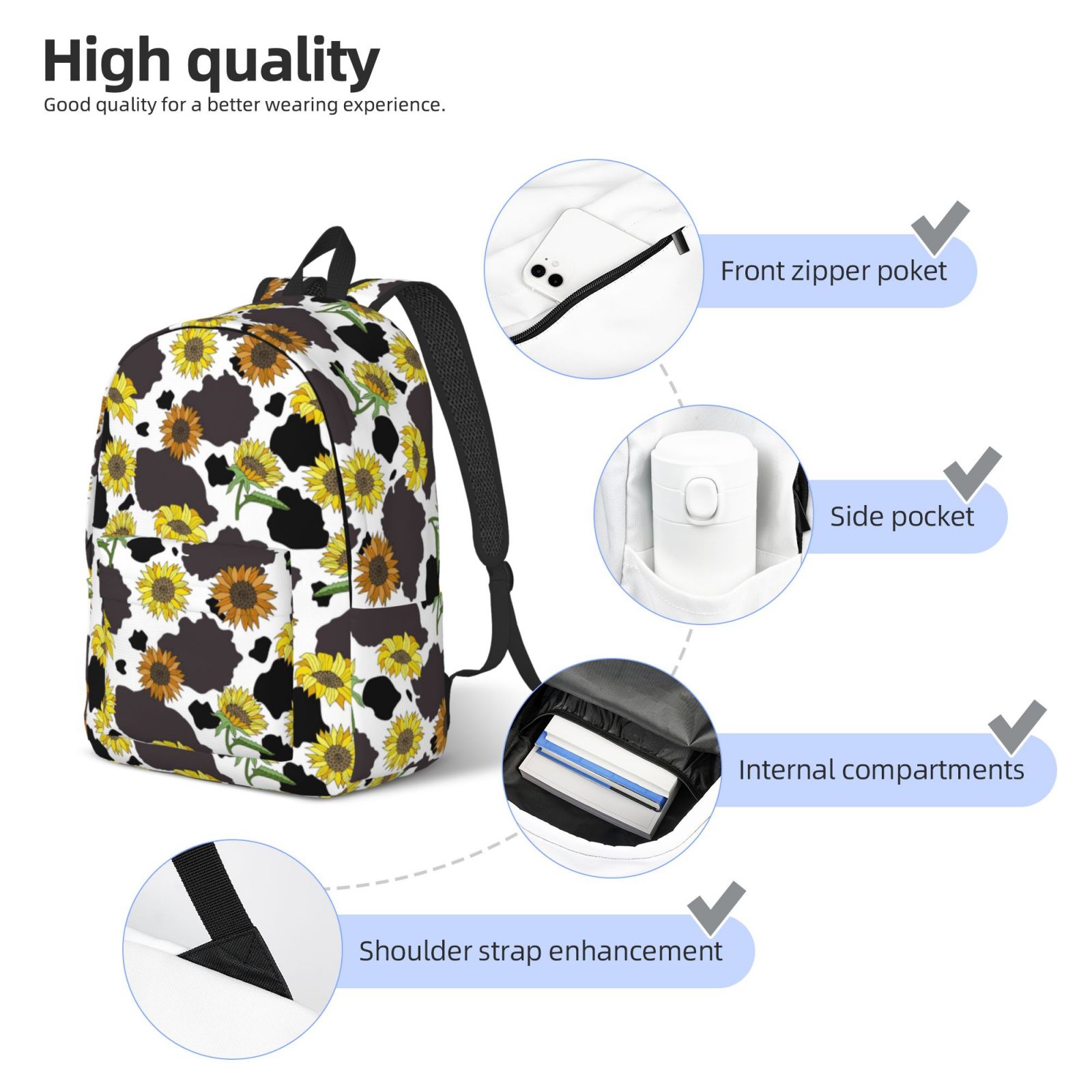 Picia Black Cow Sunflowers Printed Canvas Daypack - Stylish and Durable Vintage Compact Backpack - Class, Work, Travel, or Laptop Bookbag,Organized Compartments-Medium